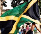 Флаг Ямайки, формируется желтый крест и четырех треугольных областей, две черные и два зеленых